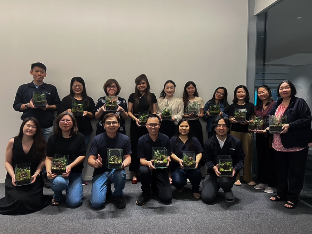 A company team with their terrarium builds at an off-site session