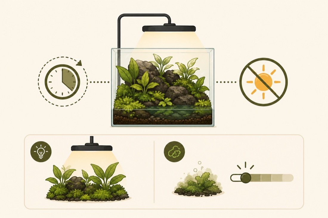A planted shrimp aquascape lit for plants, on a timer