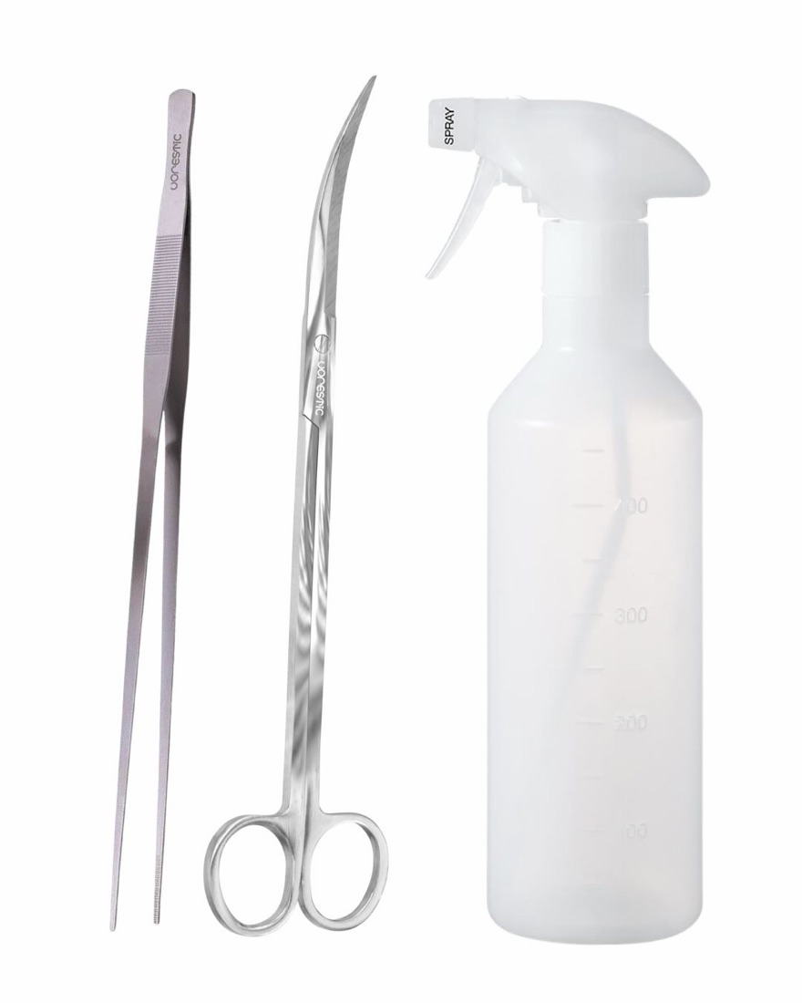 Terrarium tools — spray bottle, long tweezers and scissors